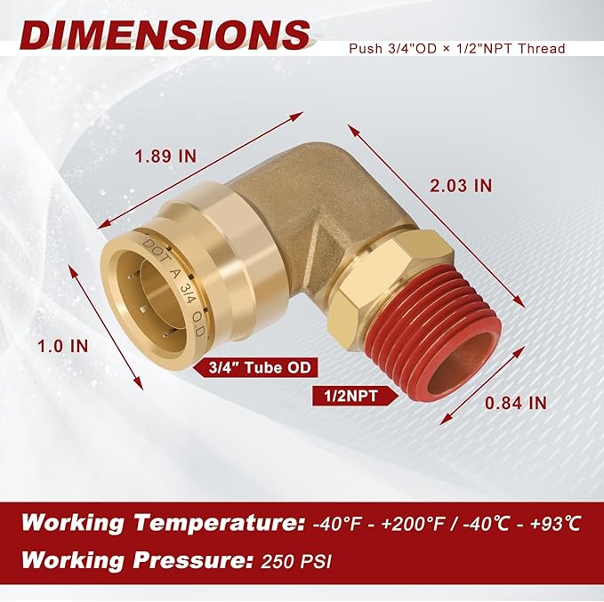 3/4" Quick Push to Connect Fittings Brass 90 Degree Union Swivel Elbow Joint DOT Approved 3/4" Tube OD x 1/2" NPT Thread Air Brake Line Adapter Air Suspension Kit for Car Truck Trailers 2pcs