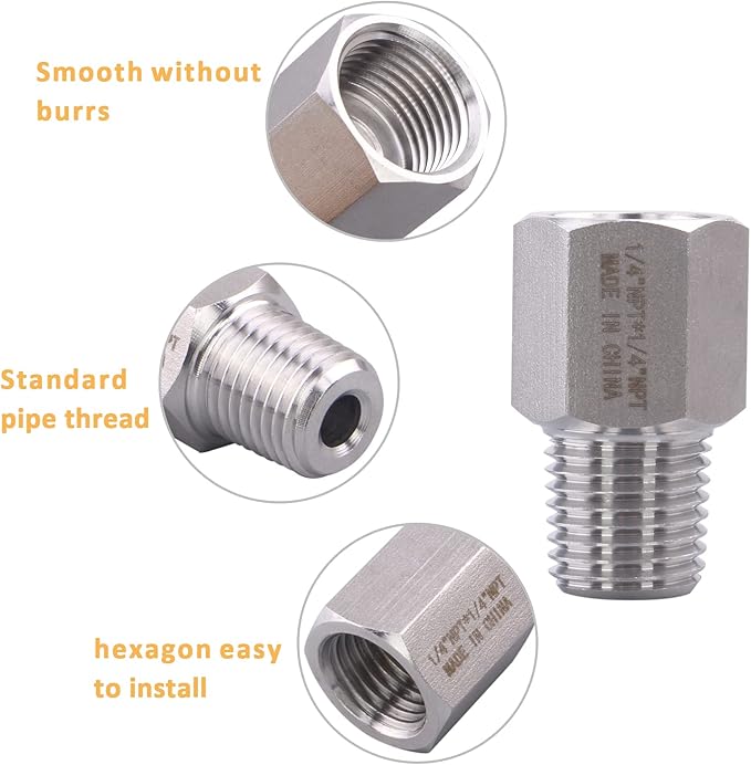 Forged Reducer Adapter Fitting - Stainless Steel 304 Reducing Pipe Connector, 1/4" NPT Female x 1/4" NPT Male (pack of 2)