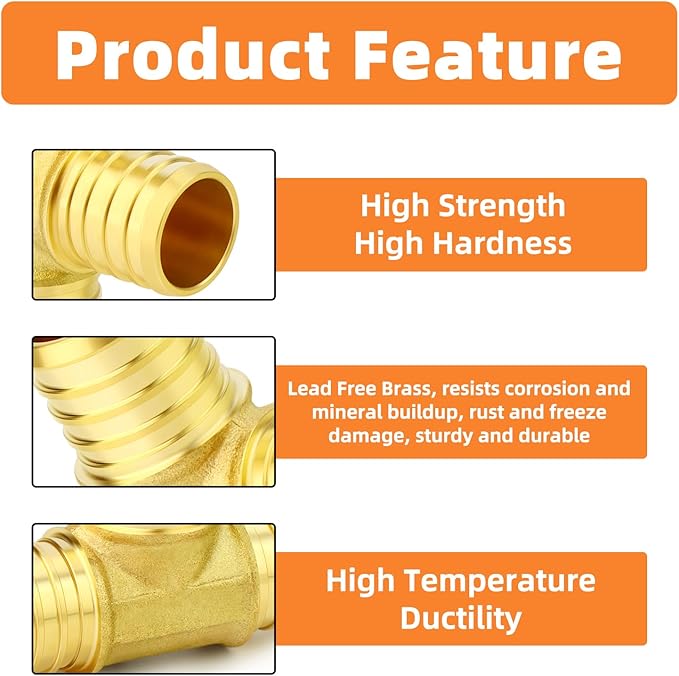 GASHER 5Pcs No Lead Brass 1" Pex Tee Fittings, 1 Inch Pex Fittings for Pex Tubing