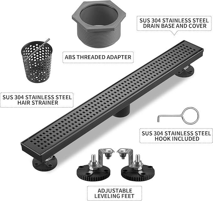 Linear Shower Drain 28 Inch Rectangular, SUS-304 Stainless Steel Black Shower Drain, 51L/Min Fast Drainage Floor Linear Drain, US Standard CUPC Certified, Matte Black, SD-112-28B
