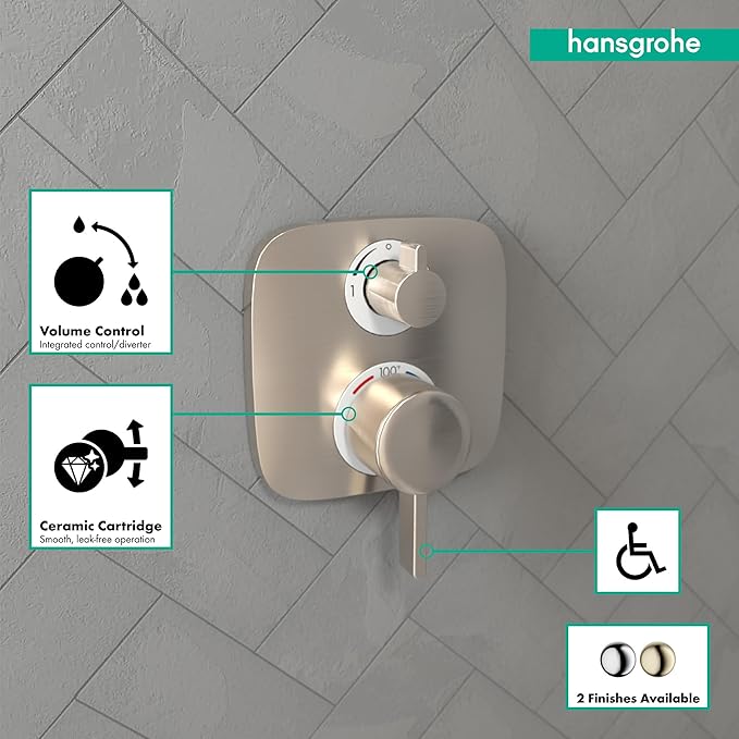 hansgrohe Ecostat E Modern Thermostatic Shower Valve Trim with Temperature Control and Diverter in Brushed Nickel, 15708821