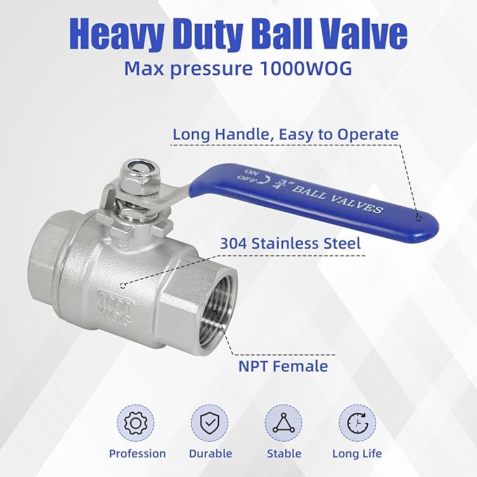 YADIAN 2 Pack 3/4'' Ball Valve 304 Stainless Steel NPT Female Full Port 3/4 inch Ball Valve Heavy Duty Shut Off Valve for Water, Oil, and Gas with Blue Locking Handles, 1000 WOG