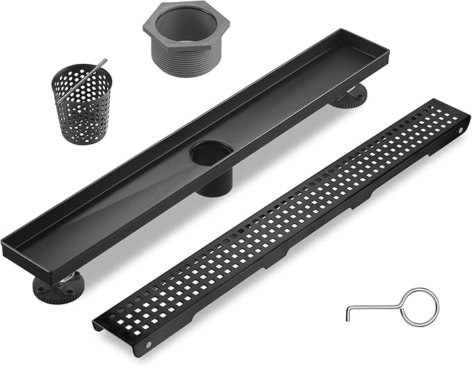 Linear Shower Drain 32 Inch Rectangular, SUS-304 Stainless Steel Black Shower Drain, 51L/Min Fast Drainage Floor Linear Drain, US Standard CUPC Certified, Matte Black, SD-112-32B