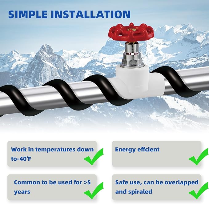 100FT Heat Cable for Water Pipes, Prevent Freezing & Easy Installation, Water Pipe Heat Cable with Thermostat Self-Regulating, Pipe Heating Trace System 120 V