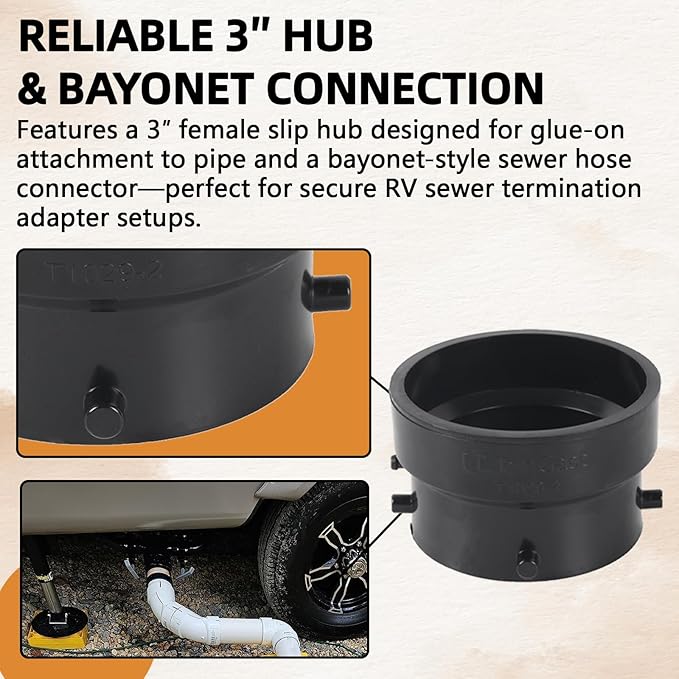 TonGass T1029-2 RV Sewer Termination Adapter - 3" Hub x 3" Bayonet, RV Sewer Hose Termination Adapter with Thread Seal Tape, Camper Sewers Terminations Adapters to 3" PVC - Black