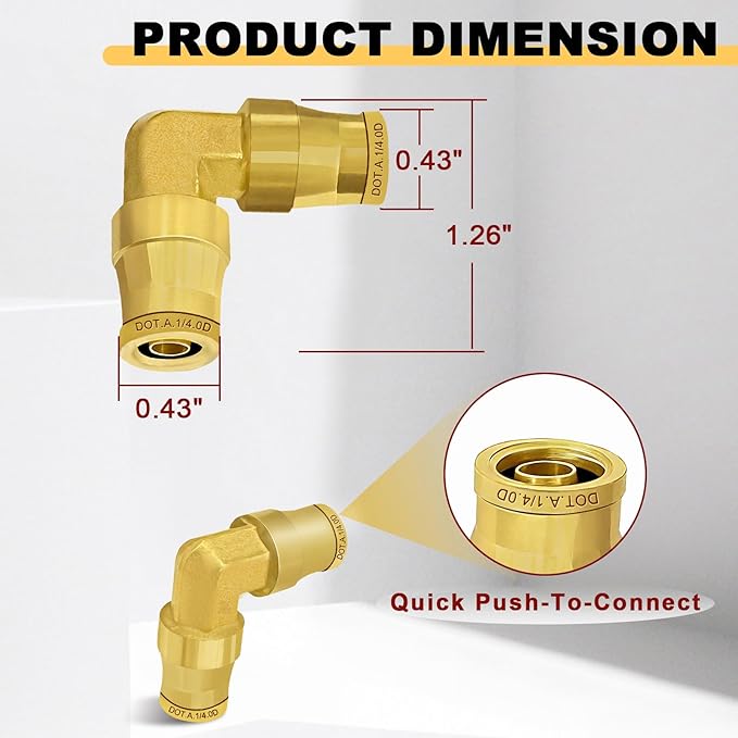 Siptenk 3PCS 1/4" Elbow DOT Brass Push to Connect Fittings, Air Brake Line Quick Connect for Truck Trailers Industry Air System