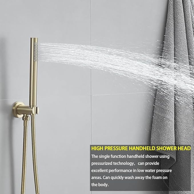 Brushed Gold Ceiling Mount Round Rain Shower System with 12 Inch Shower Head and Handheld Bathroom Shower Set Contain Shower Faucet Trim Kit (Mixer Valve Included)