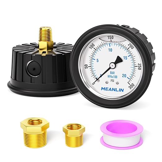 MEANLIN MEASURE 0~300Psi Stainless Steel 1/4" NPT 2.5" FACE DIAL,Liquid Filled Pressure Gauge, Center Back Mount (with Rubber Protective Sleeve), with 1/2" NPT and 3/8" NPT Hex Bushing