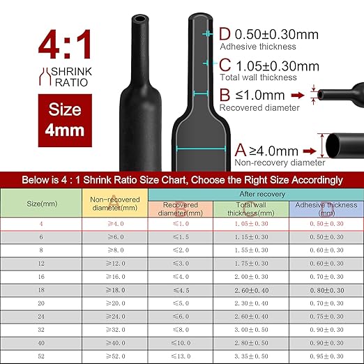 Chanzon 4:1 Ratio 5/32" (4mm) Heat Shrink Tubing - Marine Grade Waterproof Adhesive Lined - 8Ft Roll (2.5M Total Length) Black Polyolefin Sleeving Wrap Shrinking 4 to 1 Ratio 1pcs