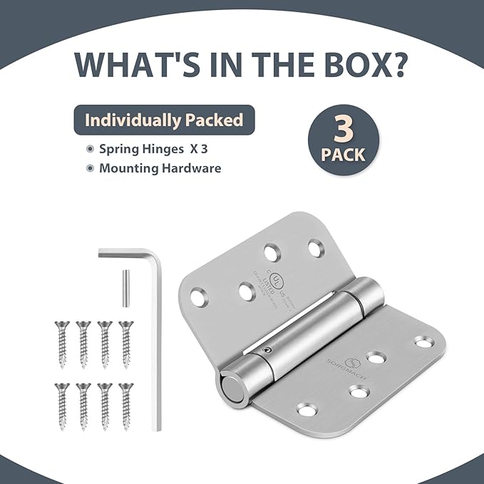Satin Nickel Self Closing Hinge Auto Close Hardware Hinge Outlet Adjustable Spring Loaded Hinges Satin Hinges 5/8" Radius Corner for Commercial Grade Self-Closing, UL Listed 3 Pack