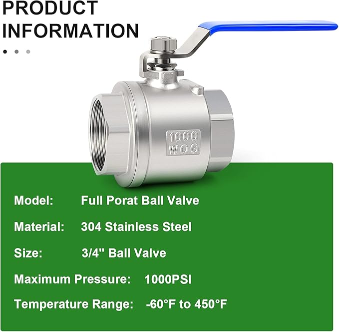 TAISHER 1 PCS 3/4 Inch FNPT Heavy Duty Full Porat Ball Valve 304 Stainless Steel with Blue Handles