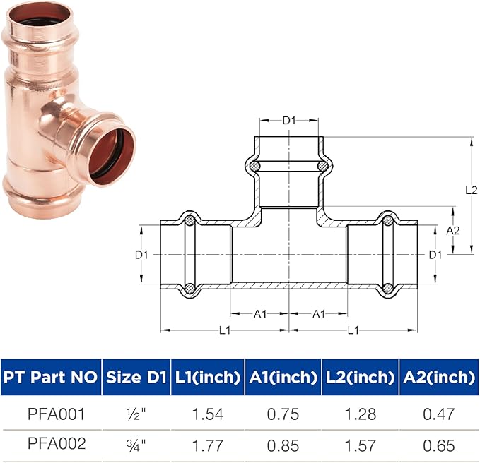 Copper Press Fittings 3/4 inch Tee Copper Coupling PxPxP 10-Pack Zero Lead Copper Pipe Press Fittings for Residential Commercial