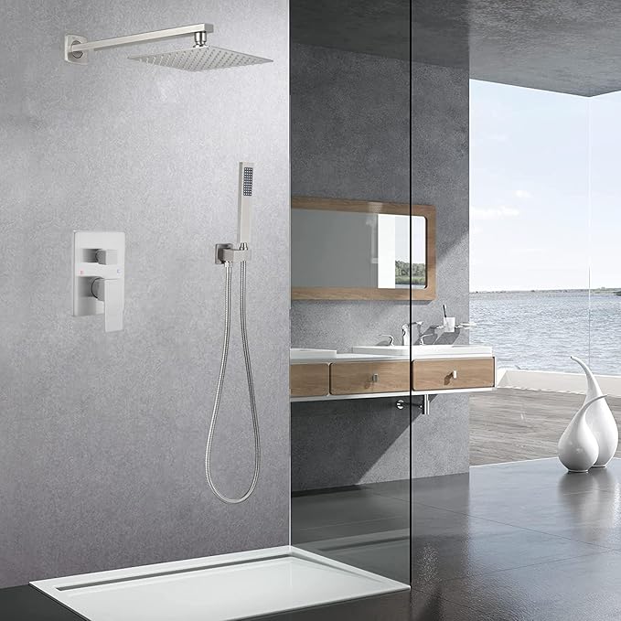 Brushed Nickel Shower System Bathroom Luxury Rain Mixer Shower Combo Set Wall Mounted Rainfall Shower Head System Shower Faucet Rough-in Valve Body and Trim Kit