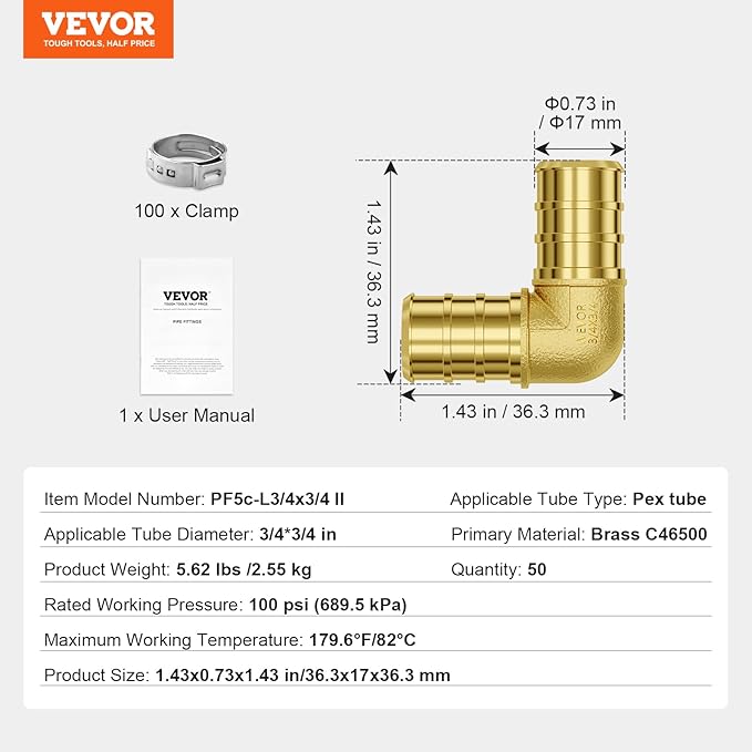 VEVOR Pipe Fittings, 3/4" 50PCS Brass Pipe Fittings, Clamp-style Elbows Pipe Connector Brass Air Fittings, Heavy Duty Plumbing Fittings Tube Adapter for Heating/Shower Systems,Outdoor Water Pipes