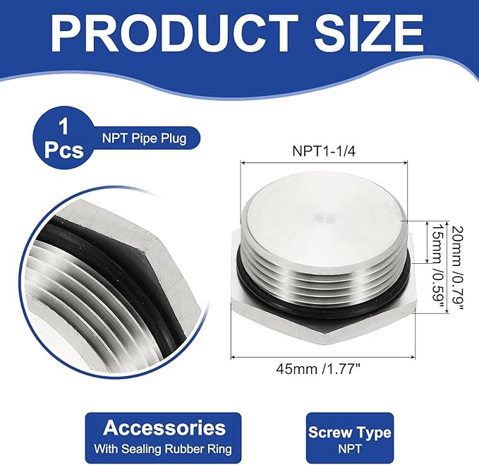 MECCANIXITY NPT Pipe Plug Fitting, 304 Stainless Steel NPT1-1/4 Male Outer Hex Thread for Plumbing Fixed with Sealing Rubber Ring