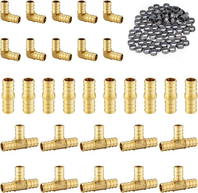 130 Pack Foskan 3/4 Inch PEX Brass Fittings Set, 10 PCS Each Elbows Tees Straight Couplings,With 100pcs Copper Rings, PEX Crimp Barb Fitting Kit