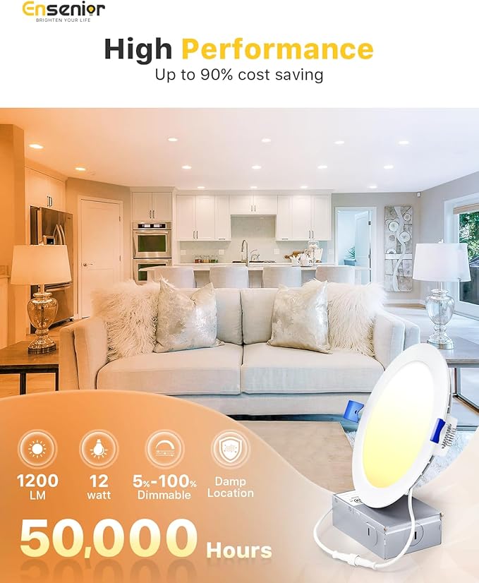 Ensenior 12 Pack 6 Inch LED Recessed Ceiling Light, Dimmable, 6000K Clear White, 1050LM 12W 120V, High Brightness Canless Wafer Downlight - ETL&FCC&IC