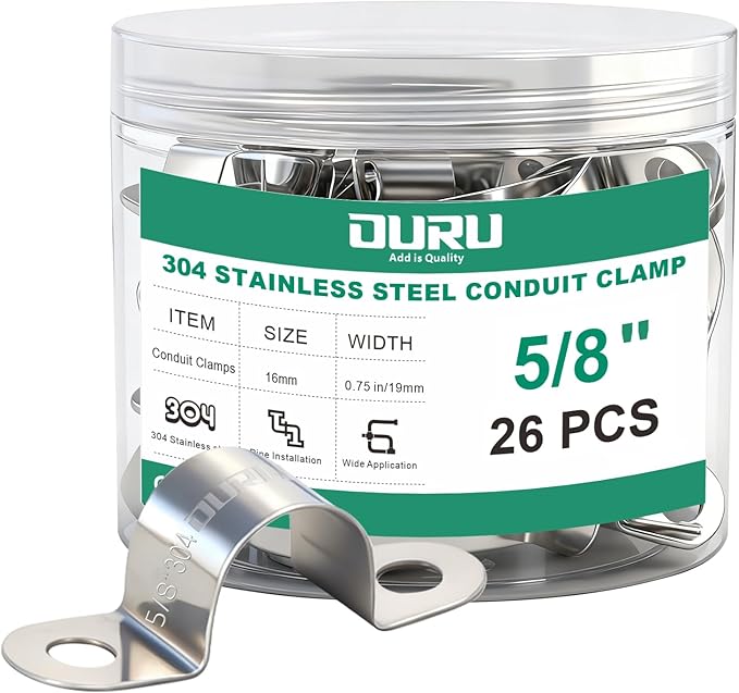 26pcs 5/8 Inch Conduit Clamp 304 Stainless Steel, Rigid Metal Pipe Clamp U Bracket, 2 Holes Pipe Strap for Automotive, Wire & Tube