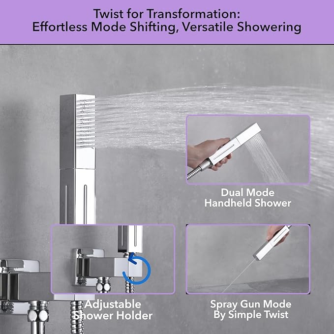 VANFOXLE Temperature Shower Faucet Set Chrome Shower System, Push Button Diverter Shower Faucet with 2 In 1 Handheld, 16 Inch LED Shower Head, 6 PCS Body Jets