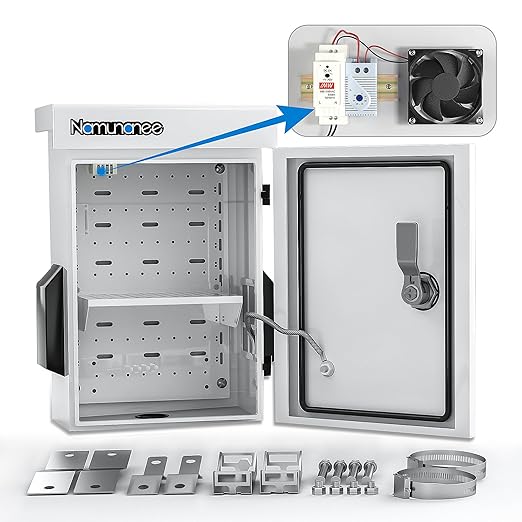 Outdoor Electrical Box with Thermostat and Fan, Cold-Rolled Steel Plate, Aluminum Alloy Back Beam, One-Piece Ventilation Design, IP65 Waterproof, Wall/Pole Mounted. (17.7" x 13.7" x 7.9")