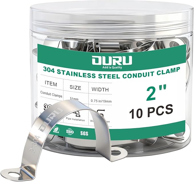10pcs 2 Inch Conduit Clamp 304 Stainless Steel, Rigid Metal Pipe Clamp U Bracket, 2 Holes Pipe Strap for Automotive, Wire & Tube