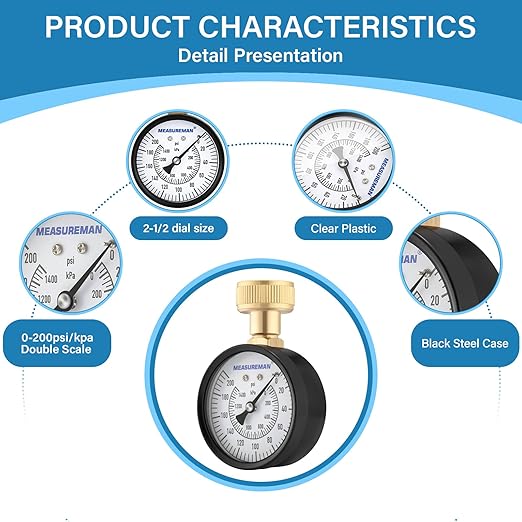 MEASUREMAN 2-1/2'' Water Pressure Test Gauge, 0-200 Psi, 3/4" Female Garden Hose Thread, Stainless Steel Case, for Home Potable Water, House Tube