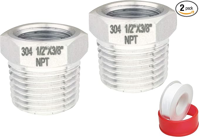 1/2" Male to 3/8" Female NPT Threaded Reducer Hex Bushing 304 Stainless Steel Reducing Adapter Pipe Fitting With Teflon Plumbers Tape(Pack of 2)