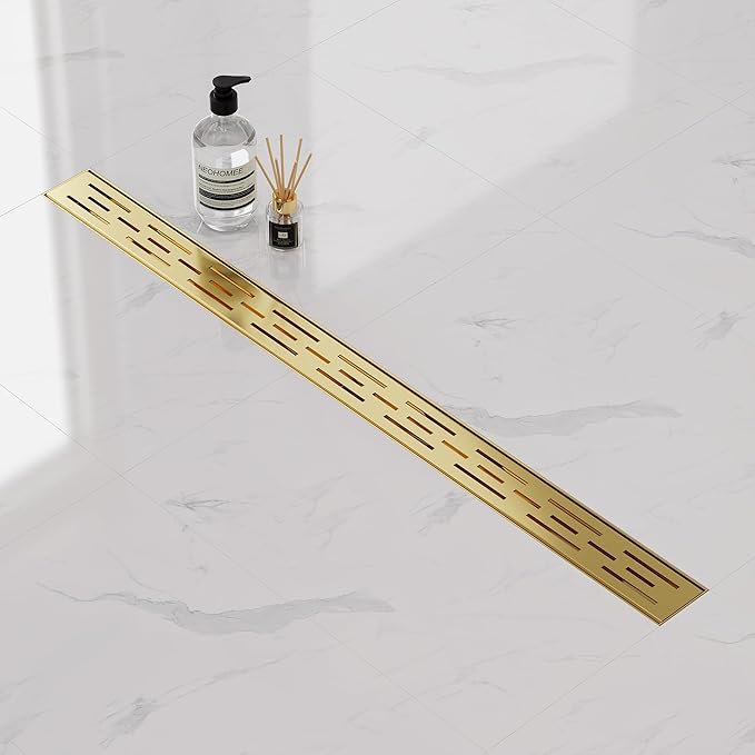 Neodrain 36-in Brushed Brass Rectangular Linear Shower Drain with Brick Pattern Grate, 304 Stainless Steel Bathroom Floor Drain, Gold Linear Drain with Hair Strainer,CUPC Certified