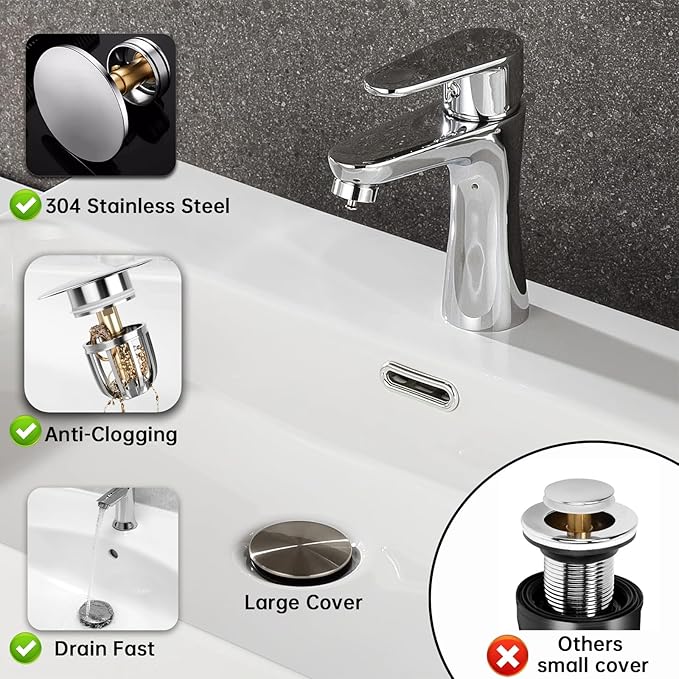 Bathroom Sink Drain Kit with Flexible Expandable Pipe: Odor-Free & Backflow-Preventing, Space-Saving Design without a P-trap, For 1-1/4'' & 1-1/2'' Drain Hole (Chrome, Without Overflow)
