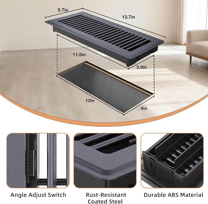 Floor Register 4 x 12, Heavy - Duty Steel Adjustable Airflow Floor Vents, Rust - Resistant with Silent Operation Vent Covers for Home Floor - 8 Pack Dark Gray