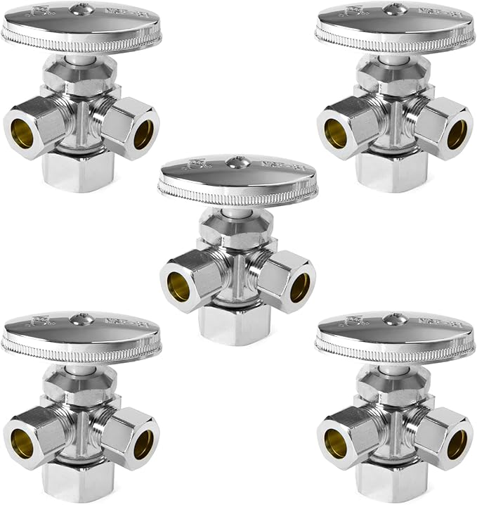(Pack of 5) EFIELD Dual Compression Outlet Angle Stop Valve, Multi-Turn, 1/2" NOM (5/8" OD x 3/8" x 3/8") Chrome,(VALVE060-5PCS)