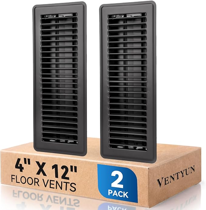 4" x 12" Floor Register Vent Covers 2-Pack, Walkable Powder-Coated Metal Vent Covers with Adjustable Airflow, Curved Safe Edges for Floor/Wall, Black
