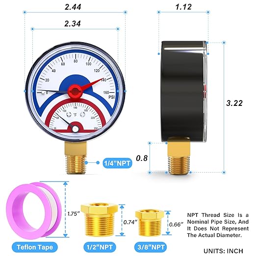 MEANLIN MEASURE 0-160Psi Thermal Pressure Gauge,0-250℉ 1/4" NPT 2.5" FACE DIAL, Boiler Temperature Pressure Gauge with Reset Pointer, with 1/2" NPT and 3/8" NPT Hex Bushing, Lower Mount