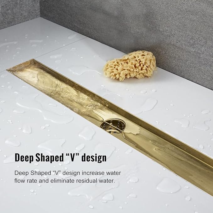 Linear Shower Drain, 28 inch Gold Drain with Removable Grate Cover, Brushed 304 Stainless Steel Shower Floor Drain, Linear Drain with Hair Strainer and Adjustable Feet