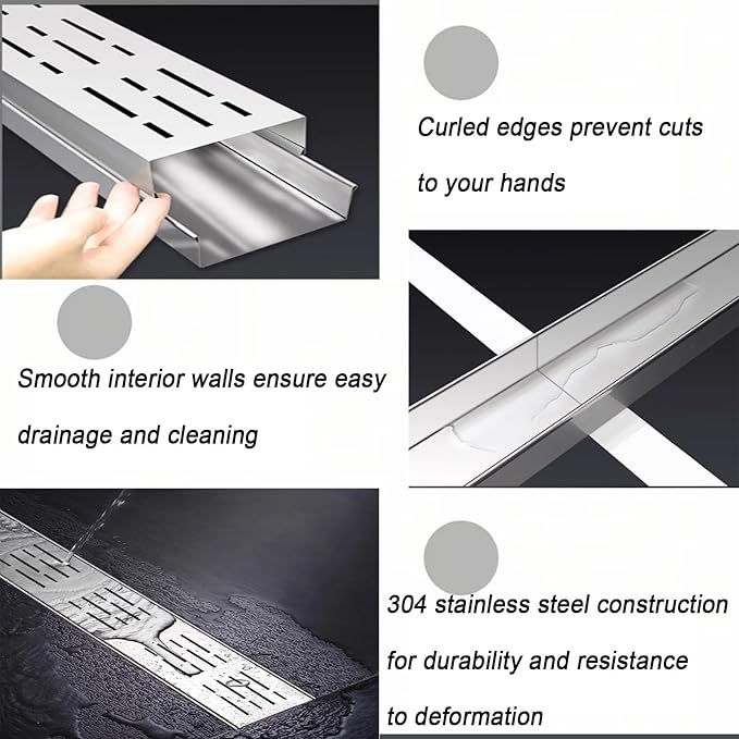 Channel Drains Narrow Pool Deck Drain Grate Under Trench Drainage System 304 Stainless Steel U Shaped Drain Kit, Pipe for Outdoor Patio Balconies 39.4x2x2 in