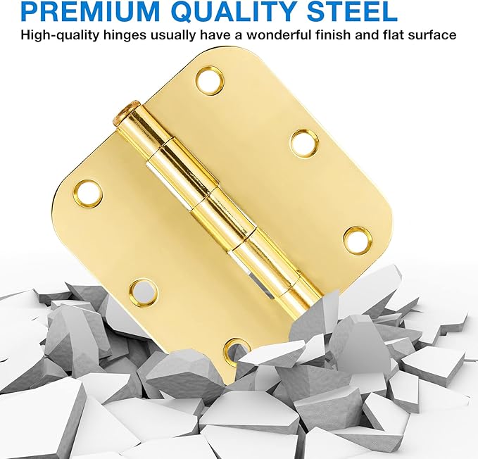 Door Hinges Polished Brass 3.5 Inch Interior Door Hinges Bright Gold 12 Pack 5/8" Radius Corners 3-1/2 Hinge for Master Bedroom,Biford,Basement Side Doors Yellow Shiny Luxury Residential Hardware JIW