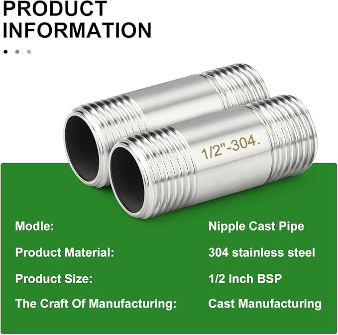 TAISHER 2PCS Stainless Steel Pipe Fittings, 1/2" BSP Male x 1/2" BSP Male Threaded, 2" Length Nipple Cast Pipe