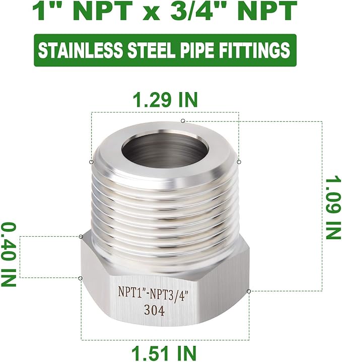 TAISHER 5PCS Forging of 304 Stainless Steel Reducer Hex Bushing, 1" Male NPT to 3/4" Female NPT, Reducing Cast Pipe Adapter Fitting