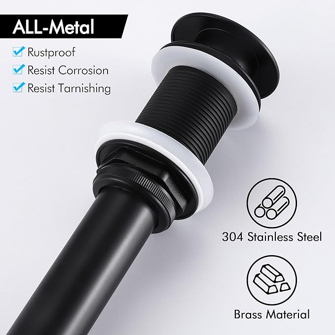 KES Bathroom Sink Drain Pop Up Drain Without Overflow, Vessel Sink Stopper Matte Black, All Metal Rustproof Brass and 304 Stainless Steel, S2008S62D-BK