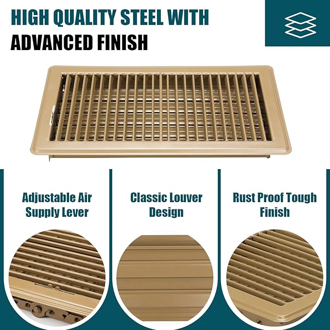 VOISEN Floor Register 6x12, 2 Pack Floor Vent Covers, Steel Adjustable Air Supply Grille Register Vent Cover Grill for Sidewall and Floor, Vent Covers for Home Floor,Brown
