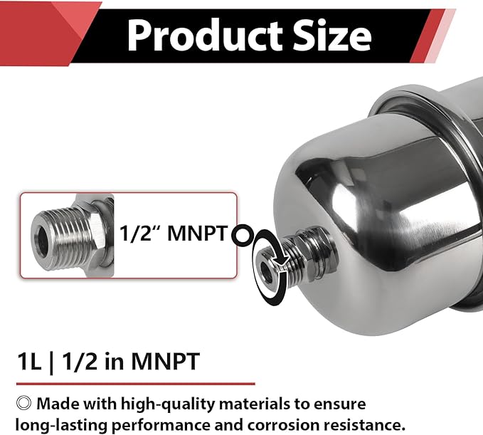 EFIELD 10-Gallon Capacity Stainless Steel Expansion Tank (1 L), Hammer Arrestor with 1/2 Inch Threaded for Tankless Water Heater, Water Dispensing/Beverage Appliances (TANK005)