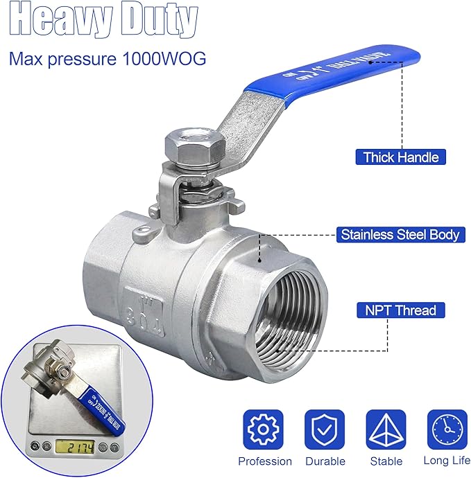1/2 Inch Ball Valve, Premium 304 Stainless Steel Full Port Forged NPT Ball Valve for Water Oil and Gas with Long Handle Shut Off Switch, 1000 WOG (1, FNPT x FNPT 1/2")