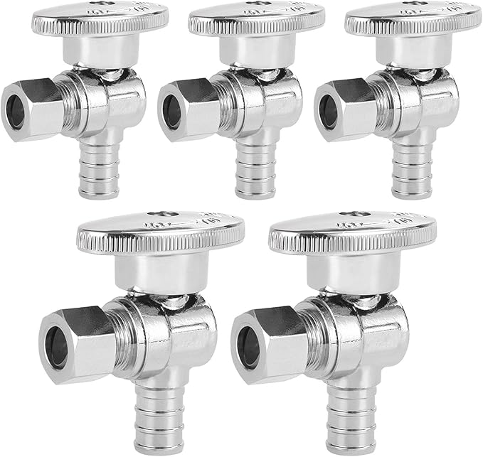 (Pack of 5) Seelink Pex Crimp 1/4 Turn Angle Stop Valve, 3/8" OD Compression x 1/2" Pex Barb Crimp (F1807), Chrome Plated Brass(VALVE076-5Pack)