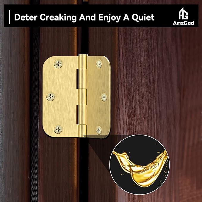 Door Hinges Satin Brass - 6 Pack Gold Door Hinges 3.5 Inch Rounded Interior Door Hinge with 5/8" Radius - 3 1/2 Inches Brushed Brass Hinges for Residential Standard Doors