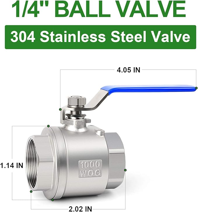 TAISHER 2 PCS 1/4 Inch FNPT Heavy Duty Full Porat Ball Valve 304 Stainless Steel with Blue Handles