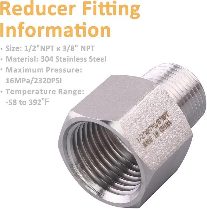 Forged Reducer Adapter Fitting - Stainless Steel 304 Reducing Pipe Connector, 1/2" NPT Female x 3/8" NPT Male (pack of 5)