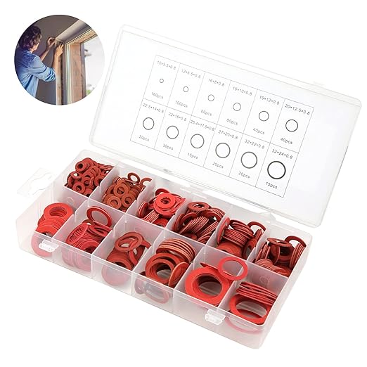 Fiber Flat Washers, Washer Assortment, Insulation Assorted Fiber Washers, High Temperature Rubber Flat Washer, Red Steel Washer Plumbing Kit with Plastic Box, 600pcs, 12 Sizes