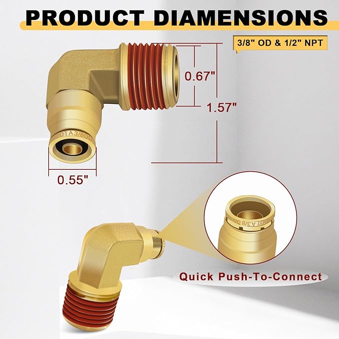 Siptenk 3/8" Elbow DOT Brass Push to Connect Air Line Fittings 5 PCS, 3/8" OD Tube x 1/2" NPT Thread Air Brake Line Quick Connect Fittings for Truck Trailers Industry Air System