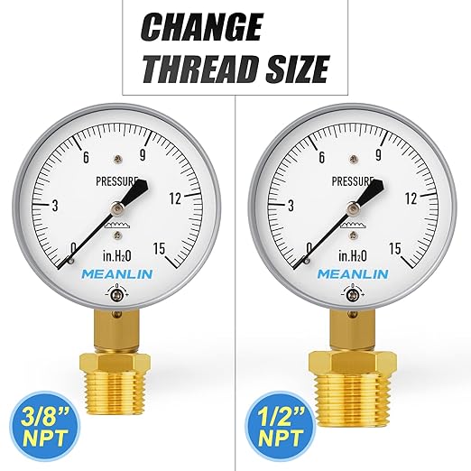 MEANLIN MEASURE 0-15 in H2O Diaphragm Type Capsule Low Pressure Gauge, 1/4" NPT, 2-1/4" Face Dial, Adjustable Water Column Gauge, Lower Mount