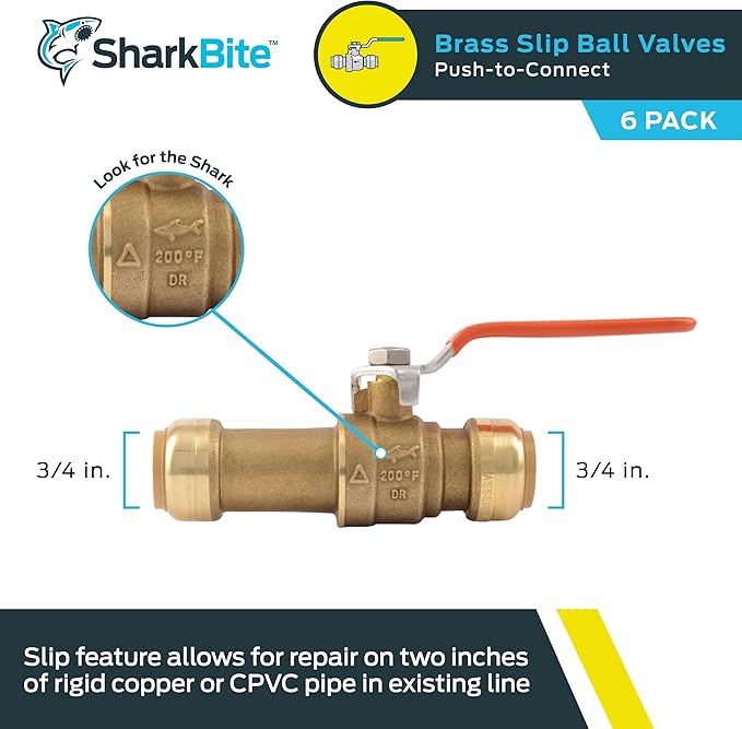 SharkBite 3/4 Inch Slip Ball Valve, Pack of 6, Push to Connect Brass Plumbing Fitting, PEX Pipe, Copper, CPVC, PE-RT, HDPE, 24736LFZ